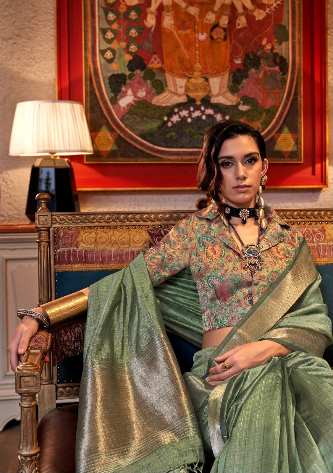 Pastel Sea Green Jacquard Work Moss Chiffon Saree for Women